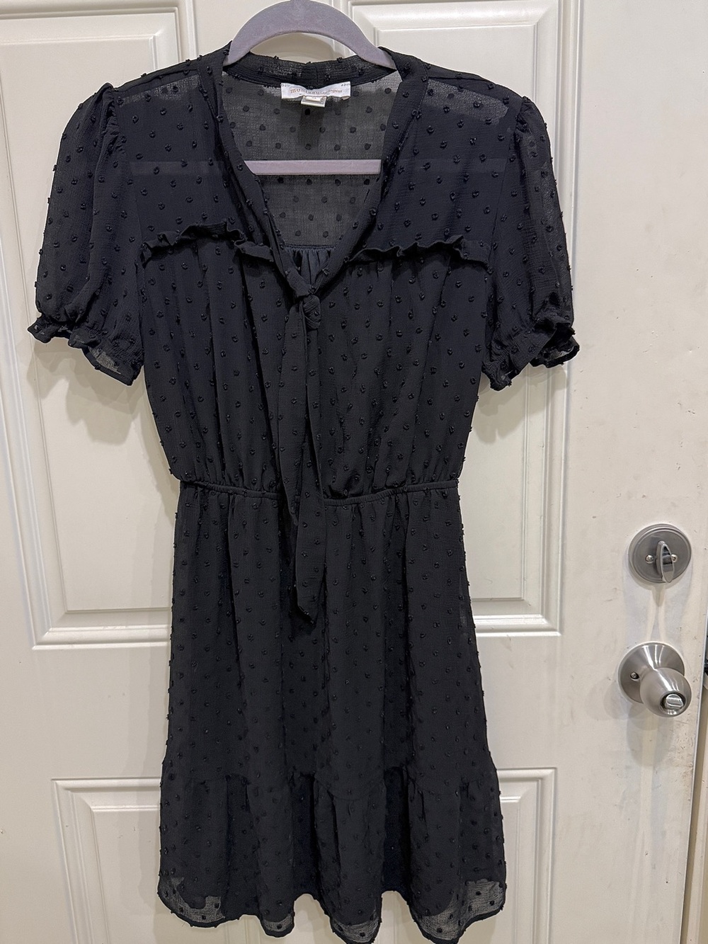 Monteau Black Swiss Dot Tie-Neck Mini Dress